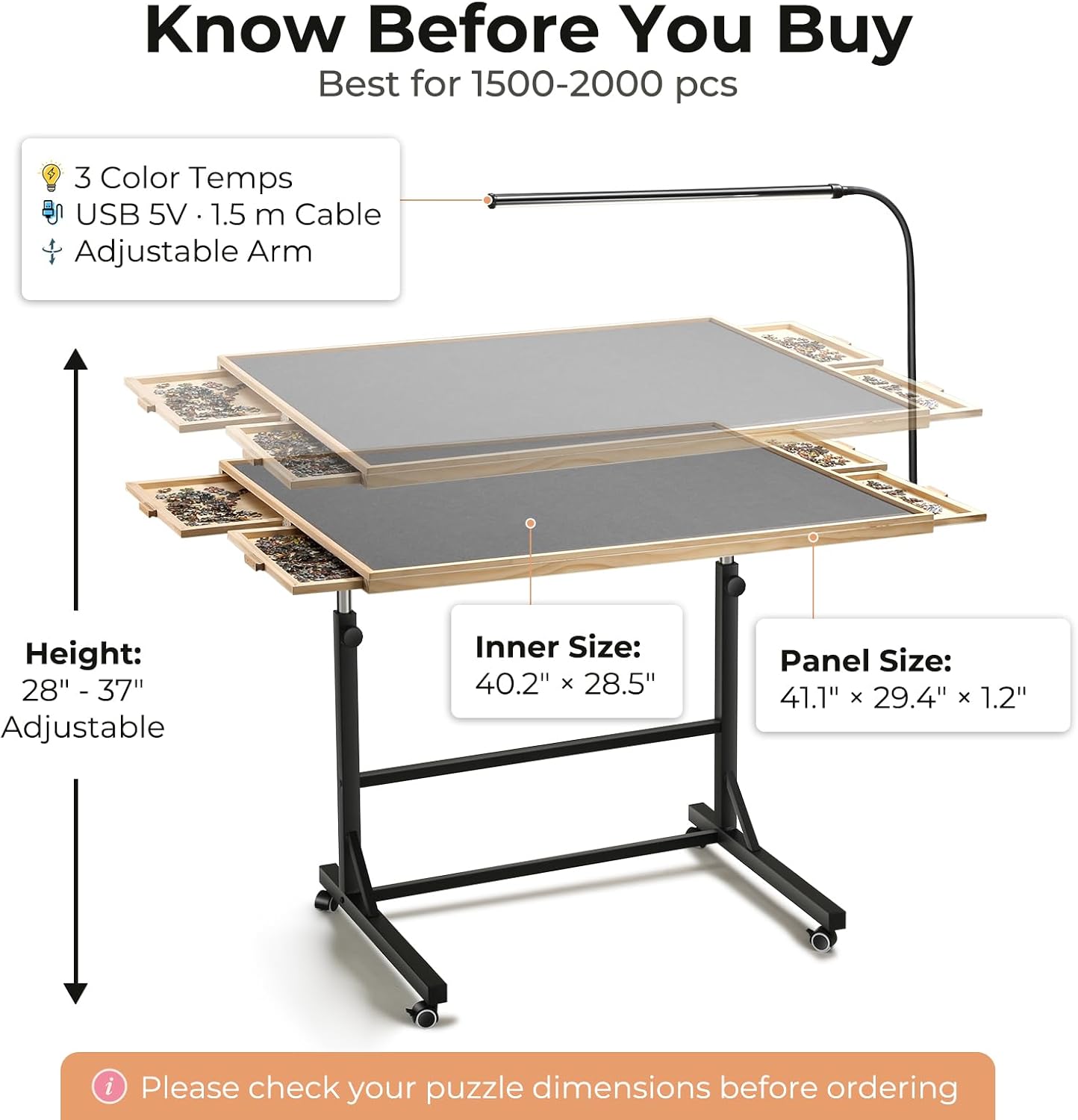ALL4JIG 1500/2000 Pieces Rotating Puzzle Table with LED Light, 33.58"×24.92"/40.16”×28.5” Wooden Jigsaw Puzzle Board with 4 Drawers & Cover, Upgraded Stability, Swivel Rolling Wheels & Vertical Storage Option