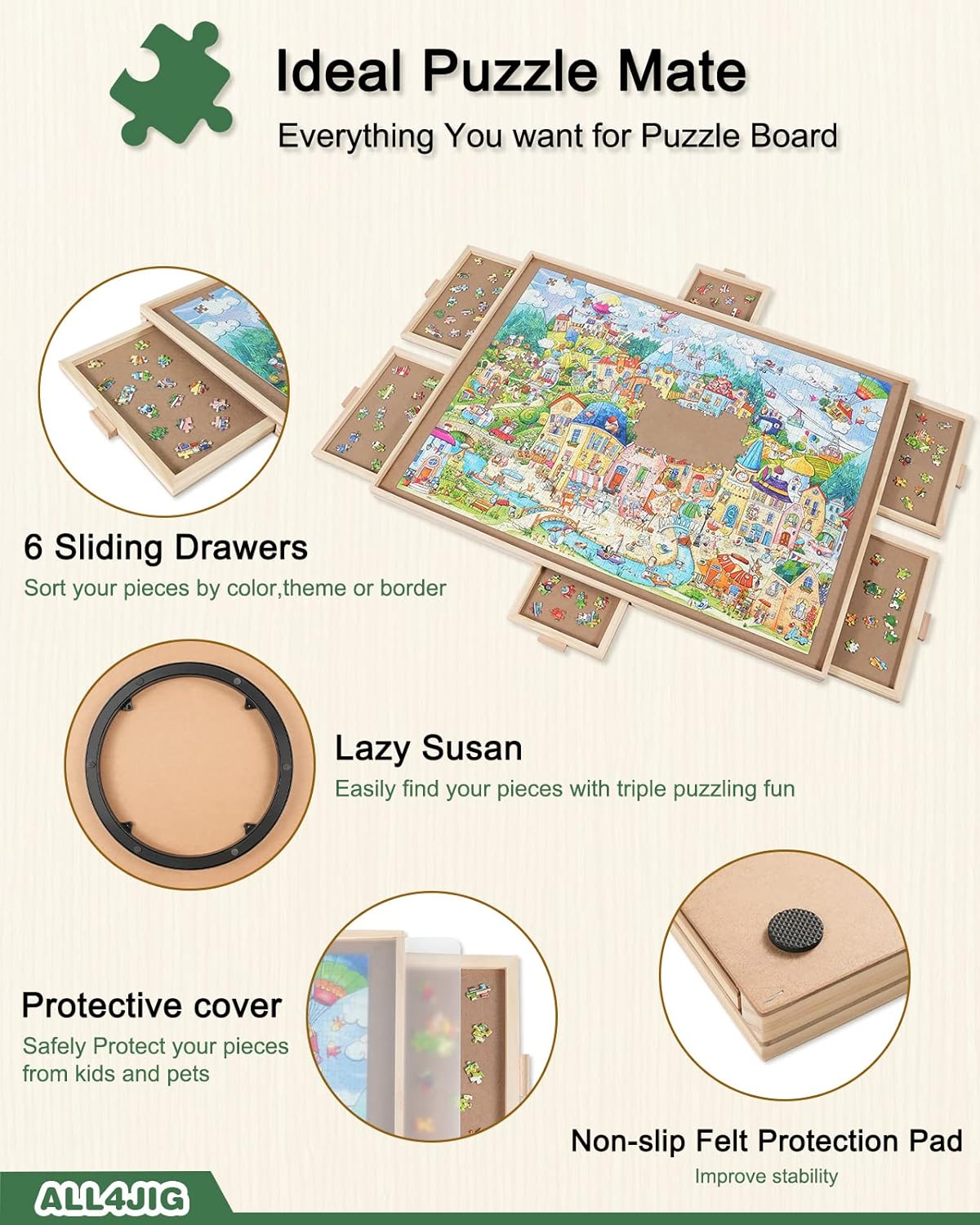 ALL4JIG 2000 Pieces Rotating Puzzle Board with 6 Drawers and Cover,29.6