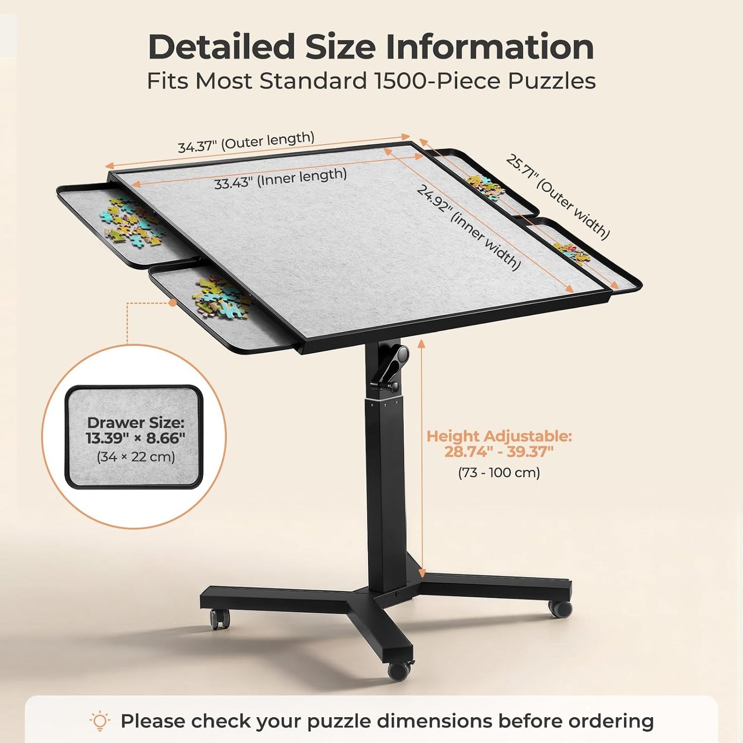 ALL4JIG 1500 Pieces Metal Jigsaw Puzzle Table, 24.92"x33.43", Tilting&Rotating Jigsaw Puzzle Board with 4 Drawers&Cover, Adjustable Height Puzzle Table with Hand Crank, for Lego Building, Gift for Mom