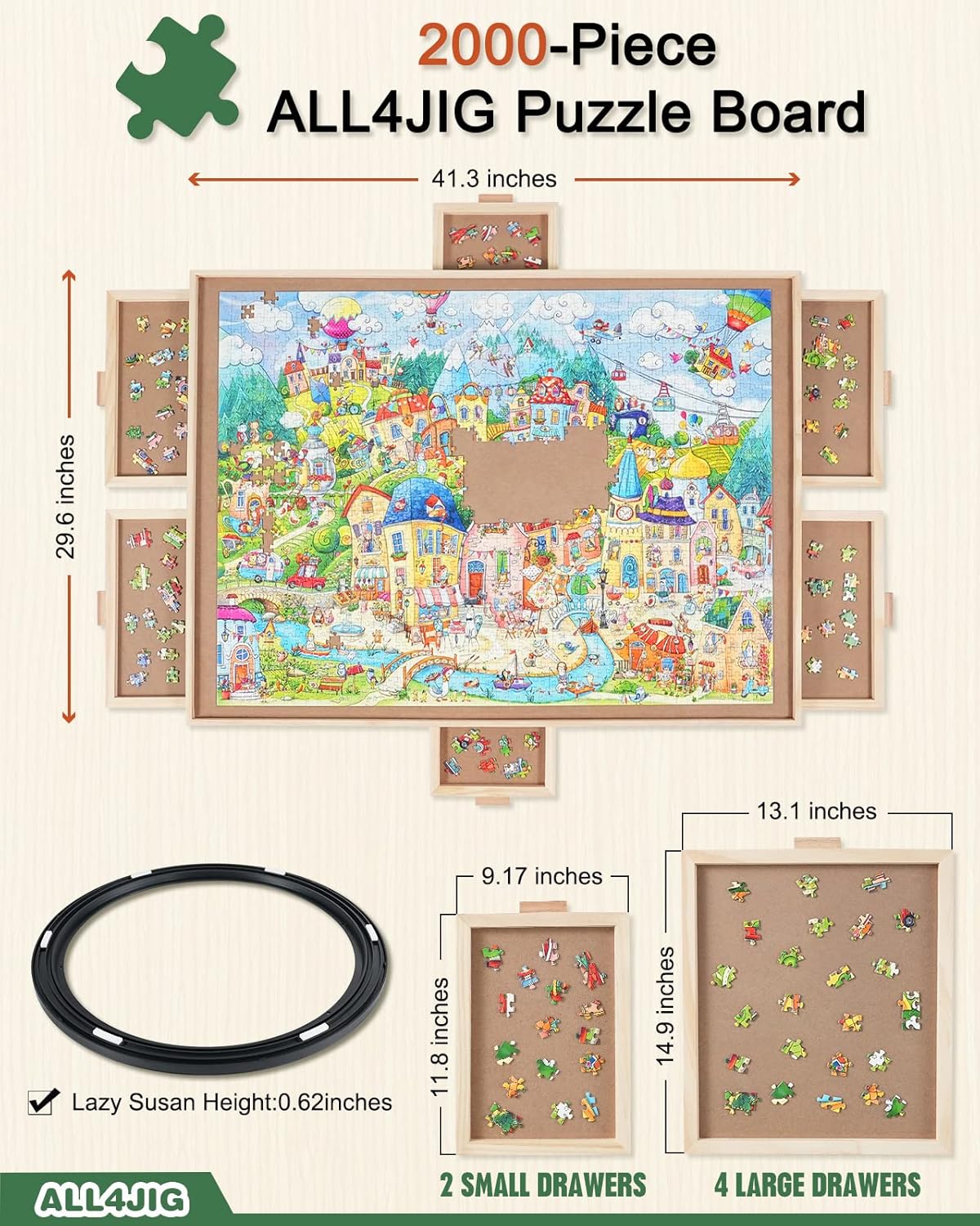 ALL4JIG 2000 Pieces Rotating Puzzle Board with 6 Drawers and Cover,29.6