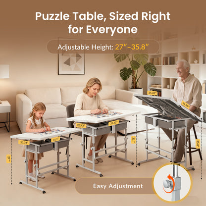 ALL4JIG 1000/1500 Piece Light-Weight Adjustable Tilting Plastic Jigsaw Puzzle Table for Adults and Mother’s Day Gift , 30"x22"/35"x26" Multi-Functional Puzzle Board with 4 Drawers & Protective Cover, 45-Degree Any-Angle Tilt