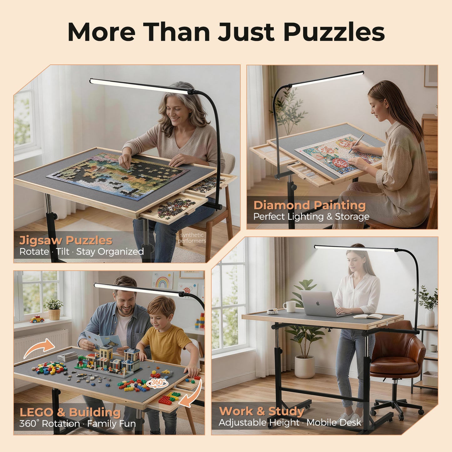 ALL4JIG 1500/2000 Pieces Rotating Puzzle Table with LED Light, 33.58"×24.92"/40.16”×28.5”  Wooden Jigsaw Puzzle Board with 4 Drawers & Cover, Upgraded Stability, Swivel Rolling Wheels & Vertical Storage Option