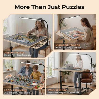 ALL4JIG 1500/2000 Pieces Rotating Puzzle Table with LED Light, 33.58"×24.92"/40.16”×28.5”  Wooden Jigsaw Puzzle Board with 4 Drawers & Cover, Upgraded Stability, Swivel Rolling Wheels & Vertical Storage Option