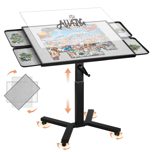 ALL4JIG 1500 Pieces Metal Jigsaw Puzzle Table, 24.92"x33.43", Tilting&Rotating Jigsaw Puzzle Board with 4 Drawers&Cover, Adjustable Height Puzzle Table with Hand Crank, for Lego Building, Gift for Mom
