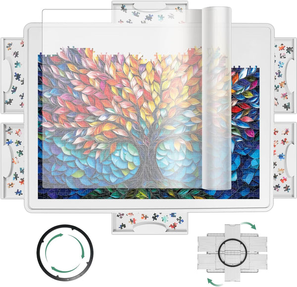 ALL4JIG 1500 Pieces Rotating Plastic Puzzle Board with 6 Sliding Drawers and Protective Cover, 360° Lazy Susan Design, 34.25"x26.38" Portable Spinning Puzzle Table for Adults, Ideal Gift for Mum