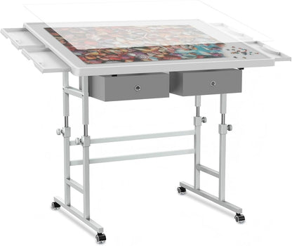 ALL4JIG 1000/1500 Piece Light-Weight Adjustable Tilting Plastic Jigsaw Puzzle Table for Adults and Mother’s Day Gift , 30"x22"/35"x26" Multi-Functional Puzzle Board with 4 Drawers & Protective Cover, 45-Degree Any-Angle Tilt