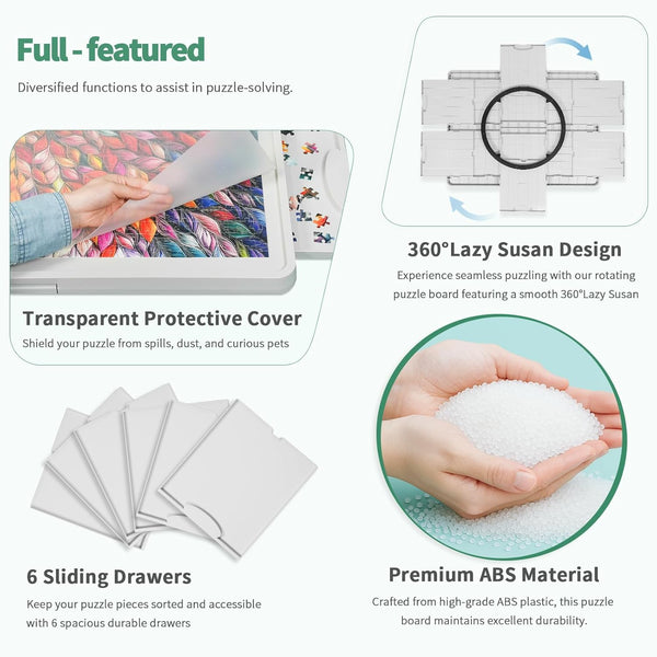 ALL4JIG 1500 Pieces Rotating Plastic Puzzle Board with 6 Sliding Drawers and Protective Cover, 360° Lazy Susan Design, 34.25"x26.38" Portable Spinning Puzzle Table for Adults, Ideal Gift for Mum