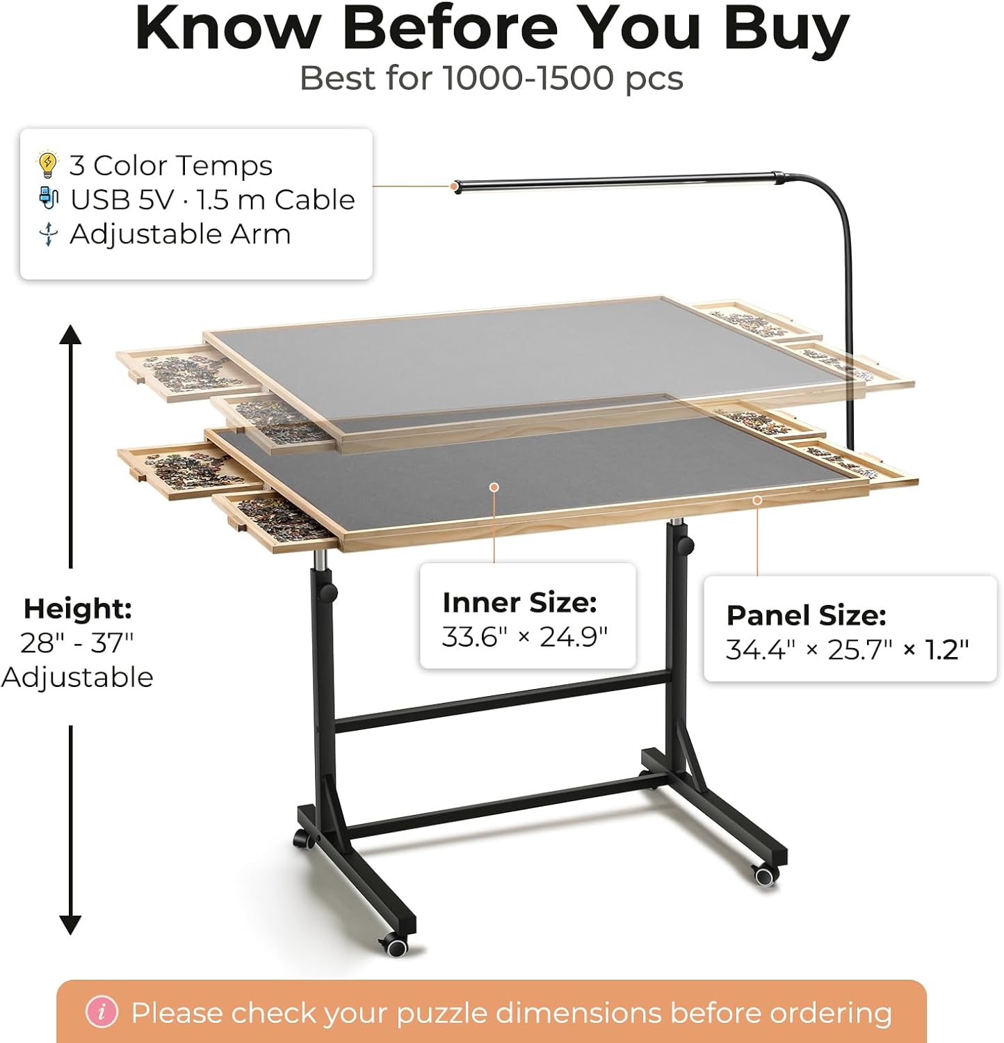 ALL4JIG 1500/2000 Pieces Rotating Puzzle Table with LED Light, 33.58"×24.92"/40.16”×28.5”  Wooden Jigsaw Puzzle Board with 4 Drawers & Cover, Upgraded Stability, Swivel Rolling Wheels & Vertical Storage Option