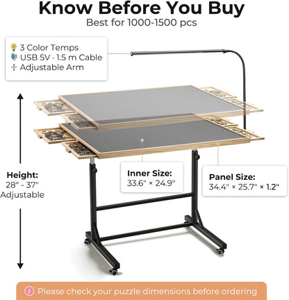 ALL4JIG 1500/2000 Pieces Rotating Puzzle Table with LED Light, 33.58"×24.92"/40.16”×28.5”  Wooden Jigsaw Puzzle Board with 4 Drawers & Cover, Upgraded Stability, Swivel Rolling Wheels & Vertical Storage Option