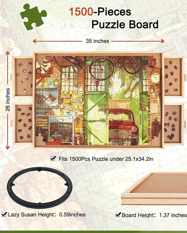 ALL4JIG 1500 Piece Rotating Puzzle Board with Drawers and Cover,26"x35"Portable Wooden Jigsaw