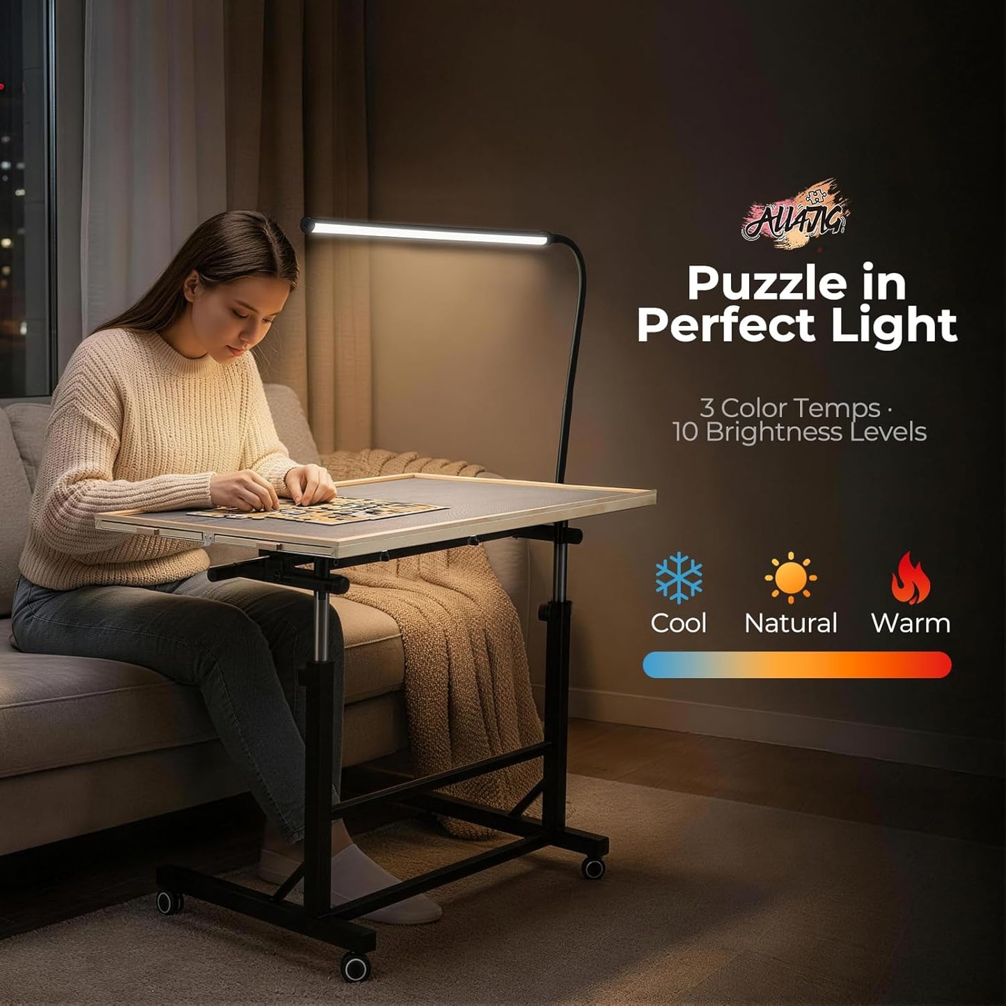 ALL4JIG 1500/2000 Pieces Rotating Puzzle Table with LED Light, 33.58"×24.92"/40.16”×28.5”  Wooden Jigsaw Puzzle Board with 4 Drawers & Cover, Upgraded Stability, Swivel Rolling Wheels & Vertical Storage Option