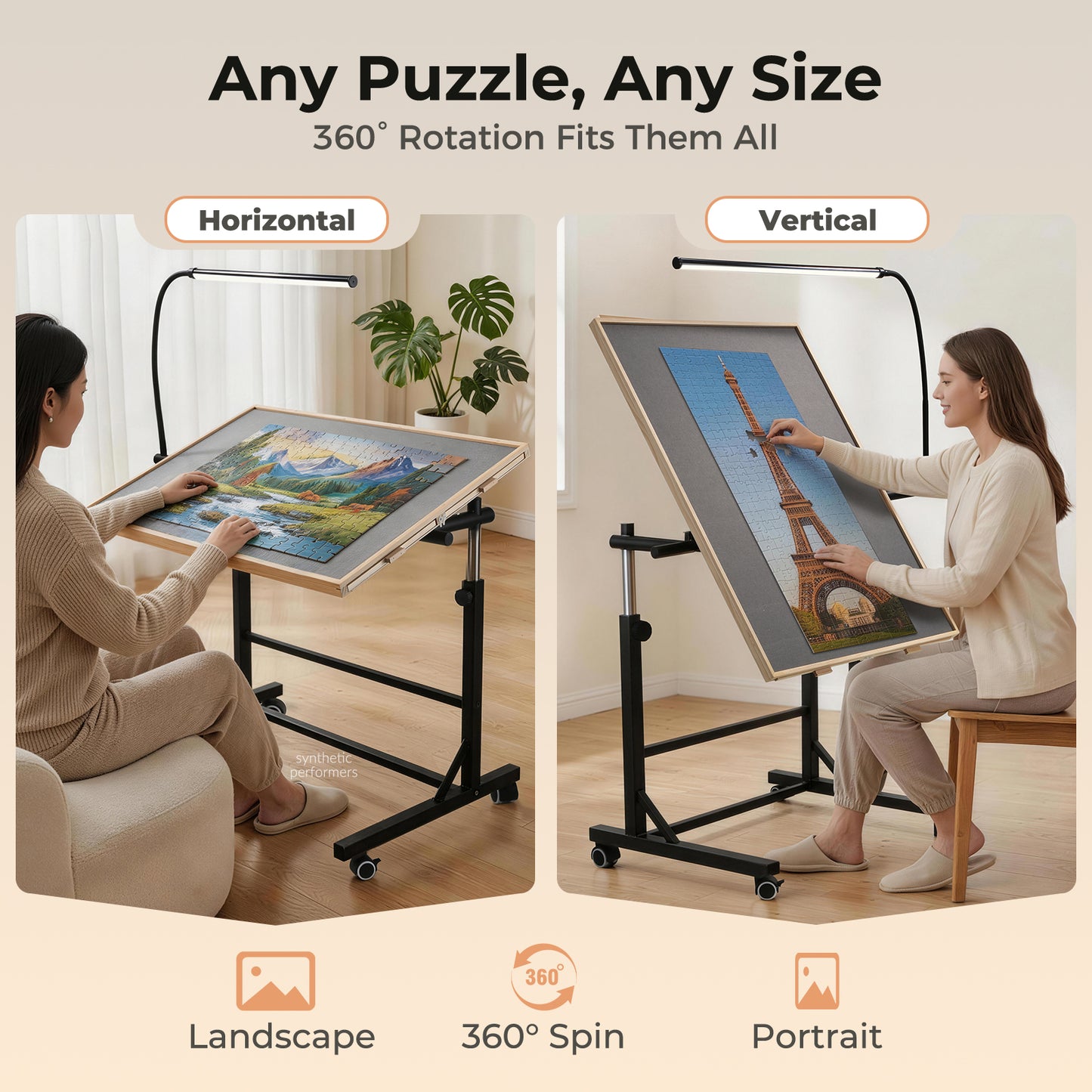 ALL4JIG 1500/2000 Pieces Rotating Puzzle Table with LED Light, 33.58"×24.92"/40.16”×28.5”  Wooden Jigsaw Puzzle Board with 4 Drawers & Cover, Upgraded Stability, Swivel Rolling Wheels & Vertical Storage Option