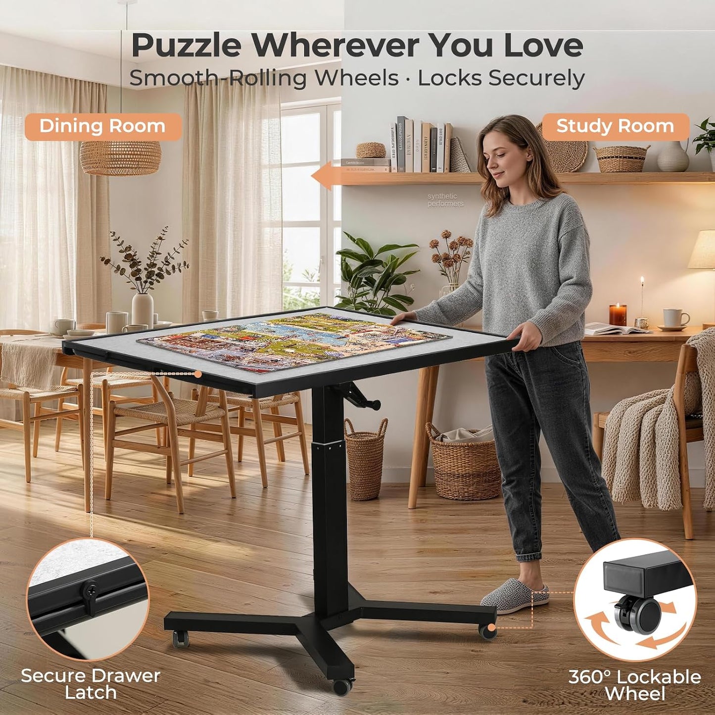 ALL4JIG 1500 Pieces Metal Jigsaw Puzzle Table, 24.92"x33.43", Tilting&Rotating Jigsaw Puzzle Board with 4 Drawers&Cover, Adjustable Height Puzzle Table with Hand Crank, for Lego Building, Gift for Mom