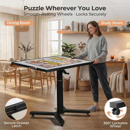 ALL4JIG 1500 Pieces Metal Jigsaw Puzzle Table, 24.92"x33.43", Tilting&Rotating Jigsaw Puzzle Board with 4 Drawers&Cover, Adjustable Height Puzzle Table with Hand Crank, for Lego Building, Gift for Mom
