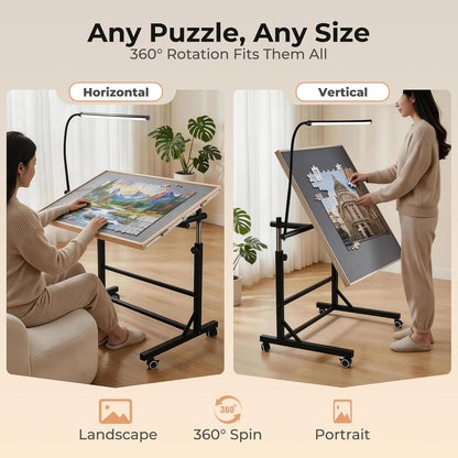 ALL4JIG 1500/2000 Pieces Rotating Puzzle Table with LED Light, 33.58"×24.92"/40.16”×28.5”  Wooden Jigsaw Puzzle Board with 4 Drawers & Cover, Upgraded Stability, Swivel Rolling Wheels & Vertical Storage Option