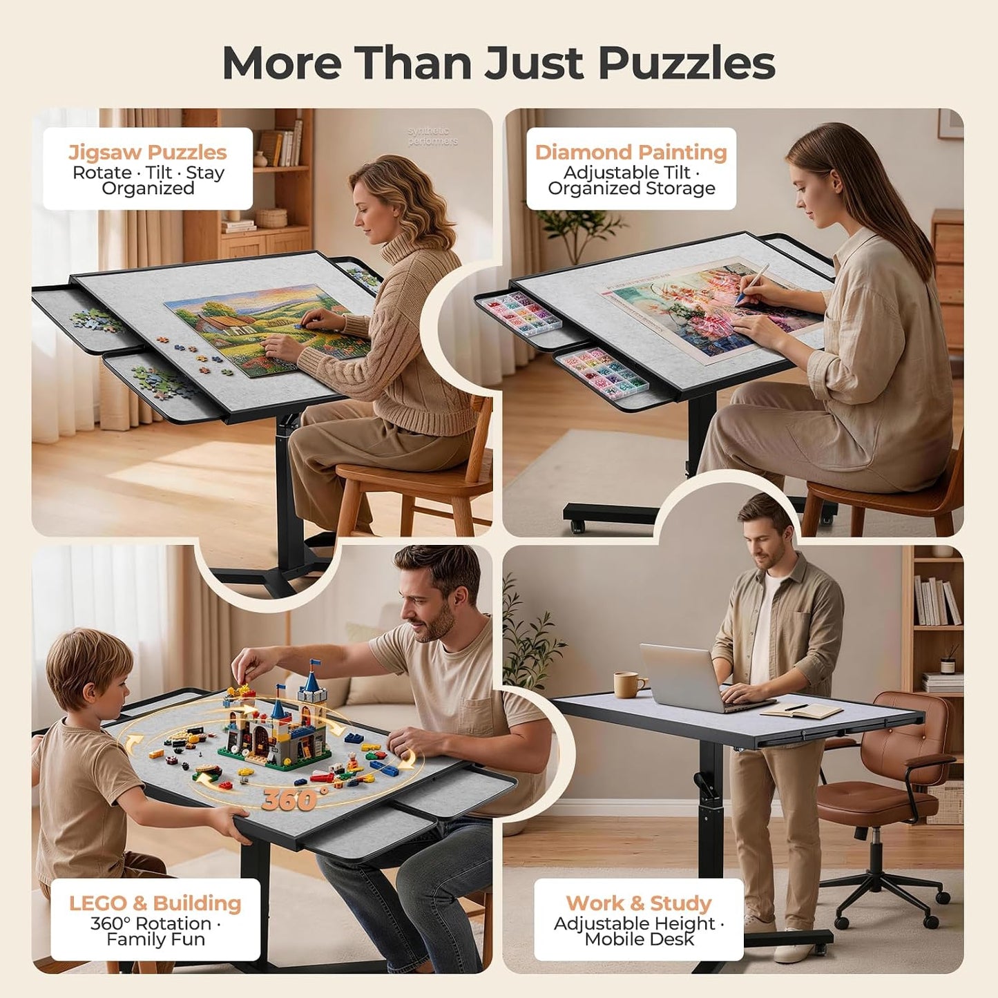 ALL4JIG 1500 Pieces Metal Jigsaw Puzzle Table, 24.92"x33.43", Tilting&Rotating Jigsaw Puzzle Board with 4 Drawers&Cover, Adjustable Height Puzzle Table with Hand Crank, for Lego Building, Gift for Mom