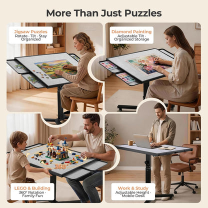 ALL4JIG 1500 Pieces Metal Jigsaw Puzzle Table, 24.92"x33.43", Tilting&Rotating Jigsaw Puzzle Board with 4 Drawers&Cover, Adjustable Height Puzzle Table with Hand Crank, for Lego Building, Gift for Mom