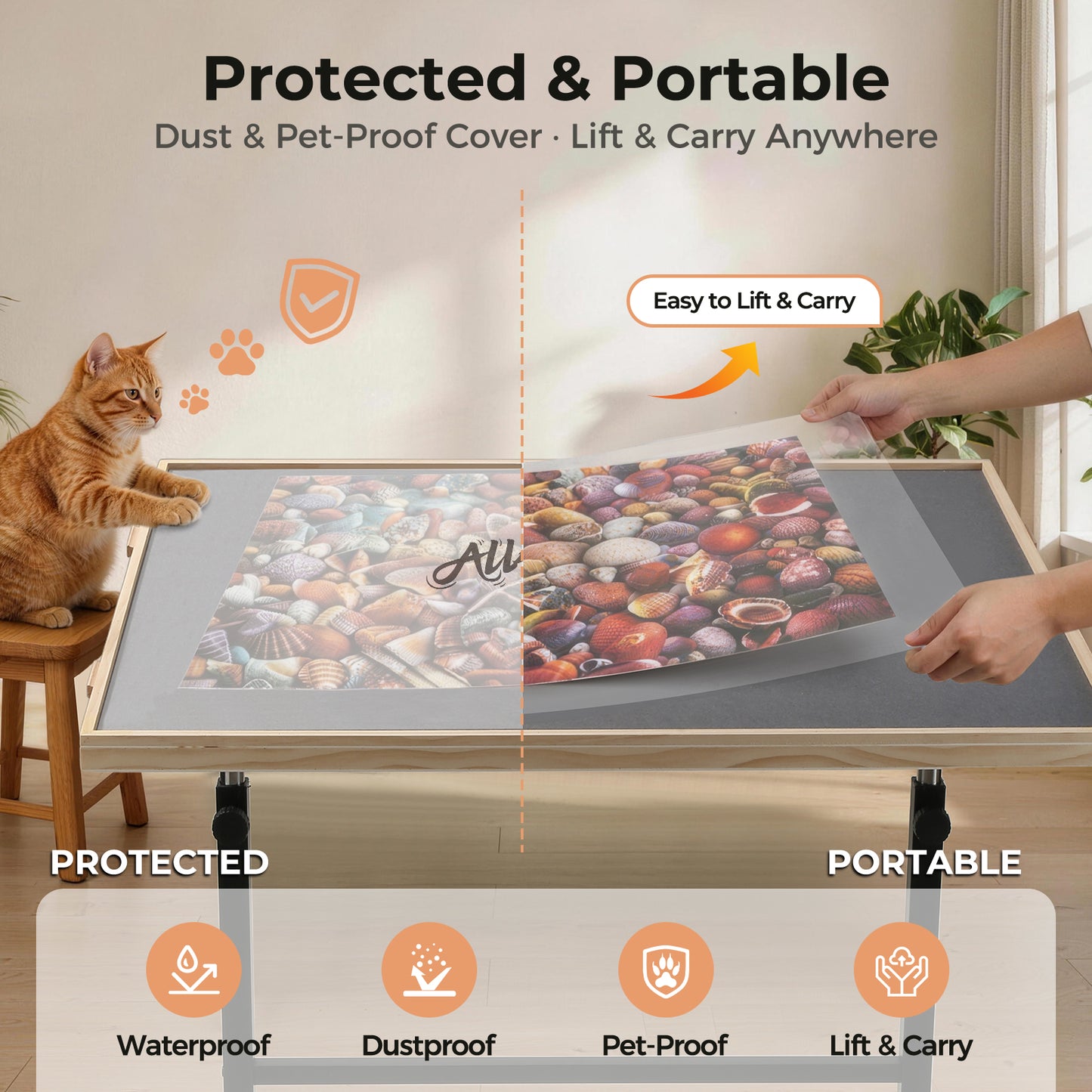 ALL4JIG 1500/2000 Pieces Rotating Puzzle Table with LED Light, 33.58"×24.92"/40.16”×28.5”  Wooden Jigsaw Puzzle Board with 4 Drawers & Cover, Upgraded Stability, Swivel Rolling Wheels & Vertical Storage Option