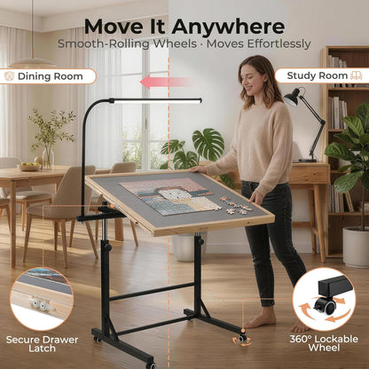 ALL4JIG 1500/2000 Pieces Rotating Puzzle Table with LED Light, 33.58"×24.92"/40.16”×28.5”  Wooden Jigsaw Puzzle Board with 4 Drawers & Cover, Upgraded Stability, Swivel Rolling Wheels & Vertical Storage Option