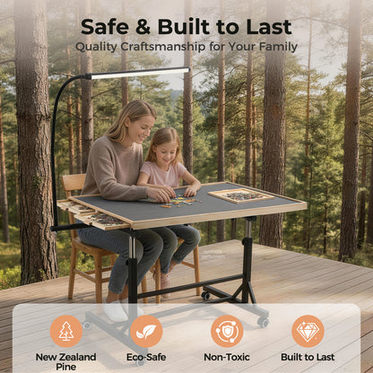 ALL4JIG 1500/2000 Pieces Rotating Puzzle Table with LED Light, 33.58"×24.92"/40.16”×28.5”  Wooden Jigsaw Puzzle Board with 4 Drawers & Cover, Upgraded Stability, Swivel Rolling Wheels & Vertical Storage Option