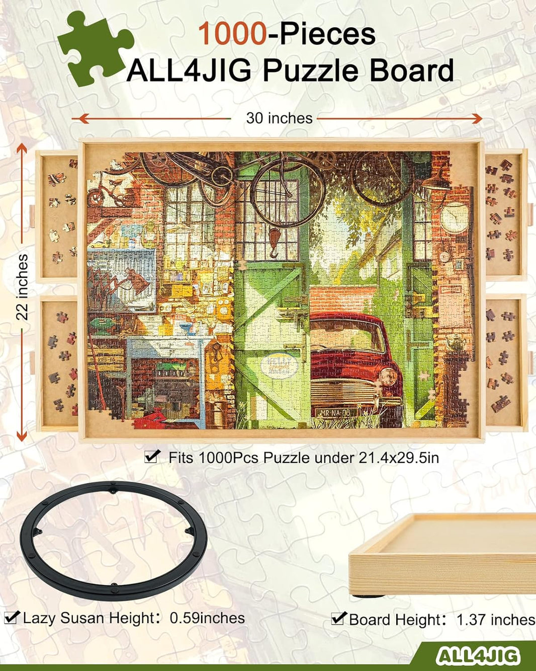 ALL4JIG 1000/1500/2000 Piece Rotating Puzzle Board with Drawers and Co