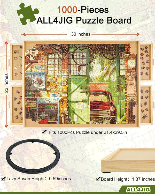 ALL4JIG 1000 Piece Rotating Puzzle Board with Drawers and Cover 22"x30"Portable Wooden Jigsaw Puzzle Table for Adults Portable,Lazy Susan Spinning Puzzle Boards