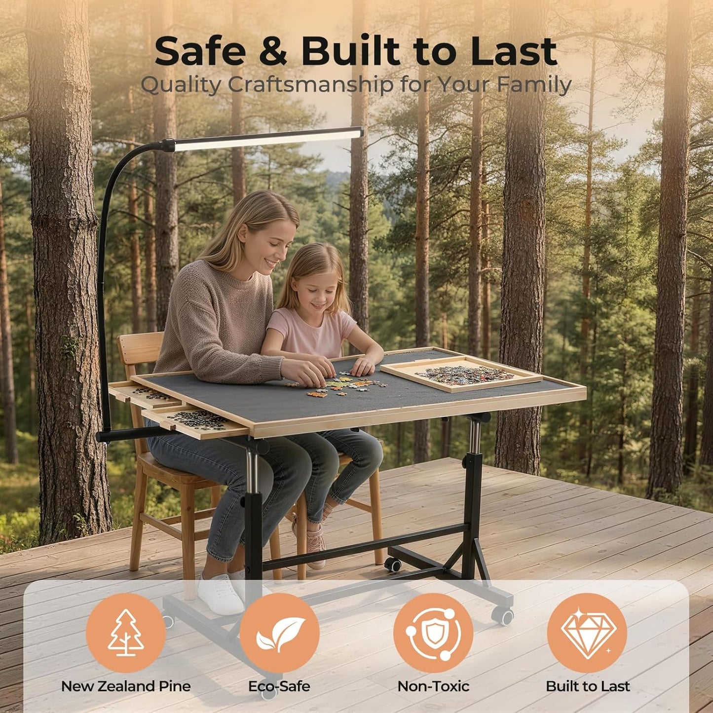 ALL4JIG 1500/2000 Pieces Rotating Puzzle Table with LED Light, 33.58"×24.92"/40.16”×28.5”  Wooden Jigsaw Puzzle Board with 4 Drawers & Cover, Upgraded Stability, Swivel Rolling Wheels & Vertical Storage Option