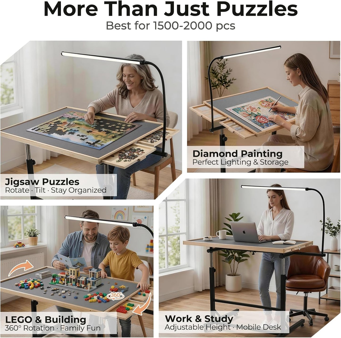 ALL4JIG 1500/2000 Pieces Rotating Puzzle Table with LED Light, 33.58"×24.92"/40.16”×28.5”  Wooden Jigsaw Puzzle Board with 4 Drawers & Cover, Upgraded Stability, Swivel Rolling Wheels & Vertical Storage Option