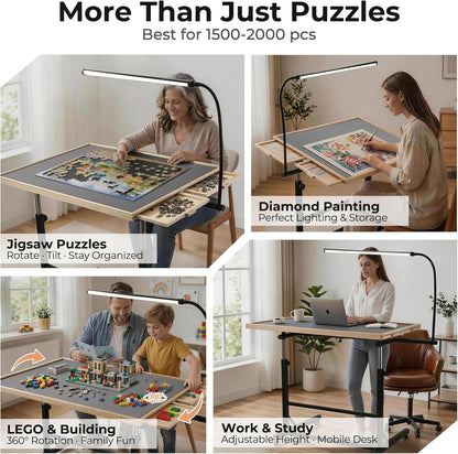 ALL4JIG 1500/2000 Pieces Rotating Puzzle Table with LED Light, 33.58"×24.92"/40.16”×28.5”  Wooden Jigsaw Puzzle Board with 4 Drawers & Cover, Upgraded Stability, Swivel Rolling Wheels & Vertical Storage Option