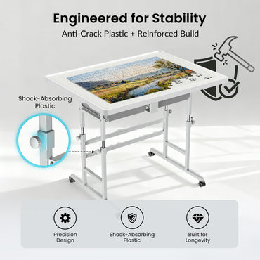 ALL4JIG 1000/1500 Piece Light-Weight Adjustable Tilting Plastic Jigsaw Puzzle Table for Adults and Mother’s Day Gift , 30"x22"/35"x26" Multi-Functional Puzzle Board with 4 Drawers & Protective Cover, 45-Degree Any-Angle Tilt